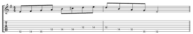 Example 4: This example is a variation: up the Dorian mode, down the minor pentatonic. If this is too much of a stretch, try playing the C# on the 4th string on the 11th fret. Remember this is an exercise, so it sounds pretty boring as a lick.